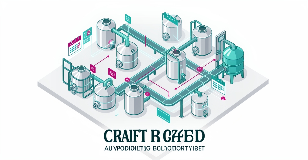 Flat illustration of brewery tanks connected by AI scheduling data lines in teal and magenta with the headline Brew Smarter.