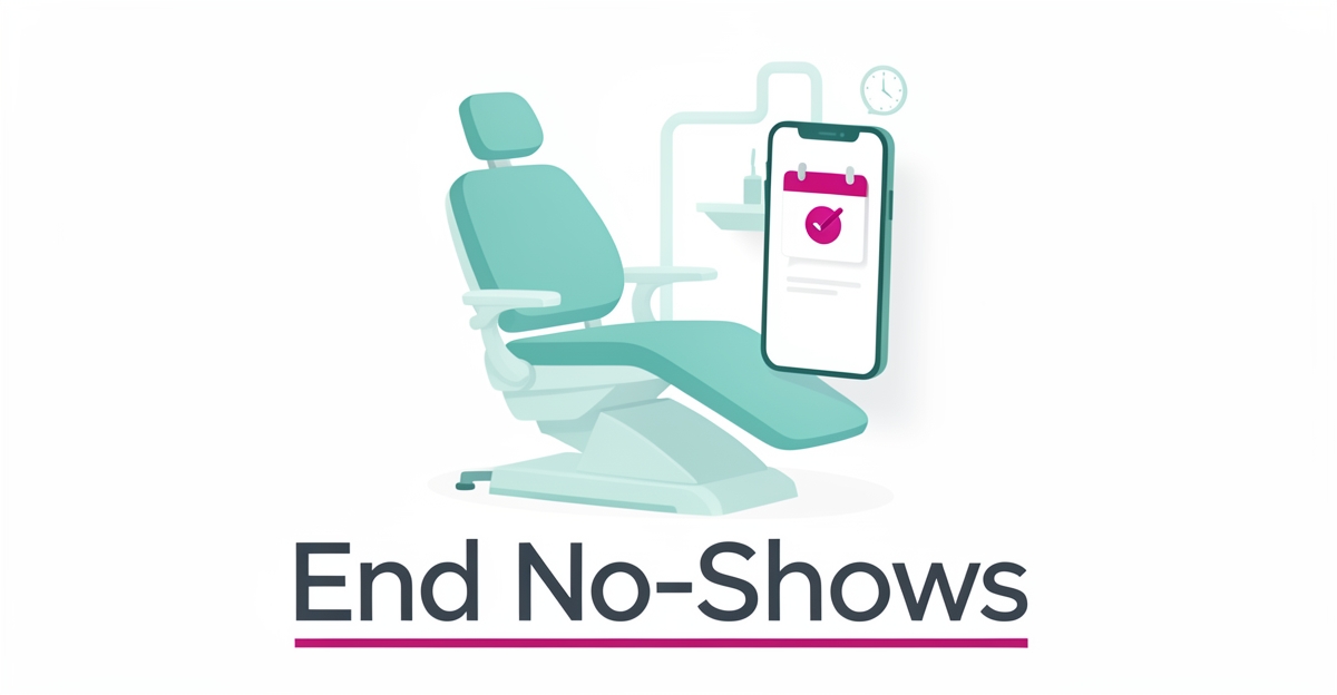 Flat illustration of an empty dental chair with a smartphone chat reminder icon, symbolizing AI reducing appointment no-shows.