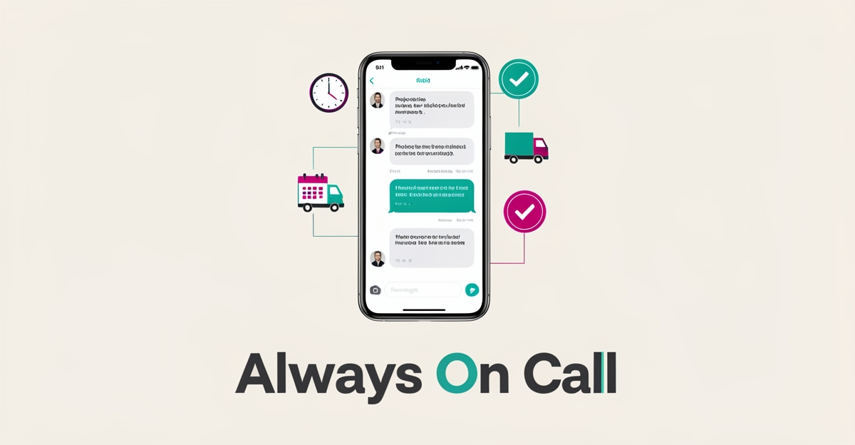 Flat illustration of a smartphone chat interface answering project deadline and material questions, accented in teal and magenta.