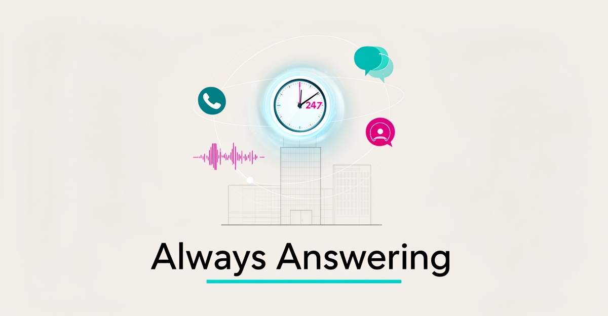 Flat illustration of a glowing 24/7 clock with call waveforms and chat icons linking to a bonding agency building, headline 'Always Answering'.