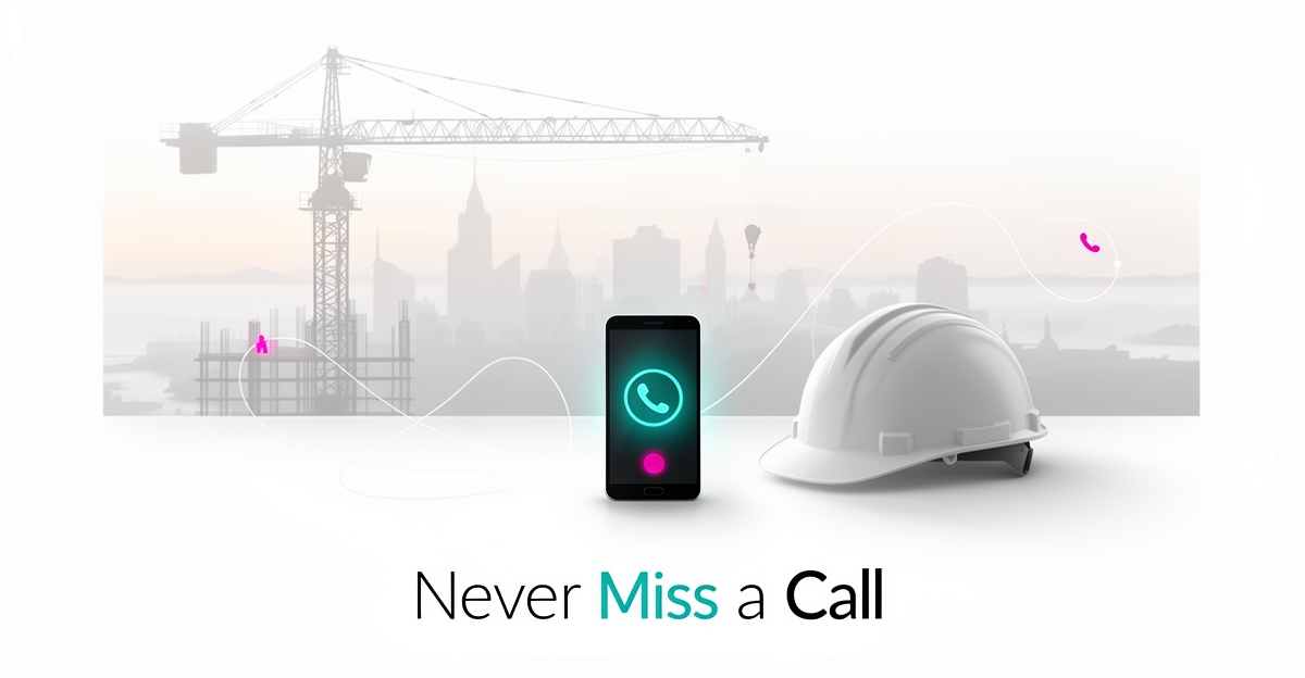 Flat illustration of a construction site and smartphone with AI call routing, symbolizing 24/7 AI receptionist service for Halifax construction firms.