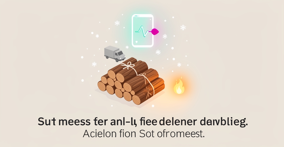 Flat illustration of stacked firewood in snow with AI phone icon, showing 24/7 winter customer call handling for suppliers.