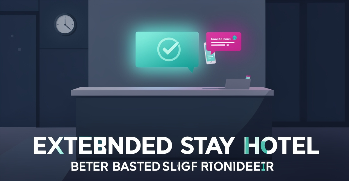 Flat illustration of a hotel front desk with a glowing AI confirmation screen and reminder notification, headline reading End No-Shows.