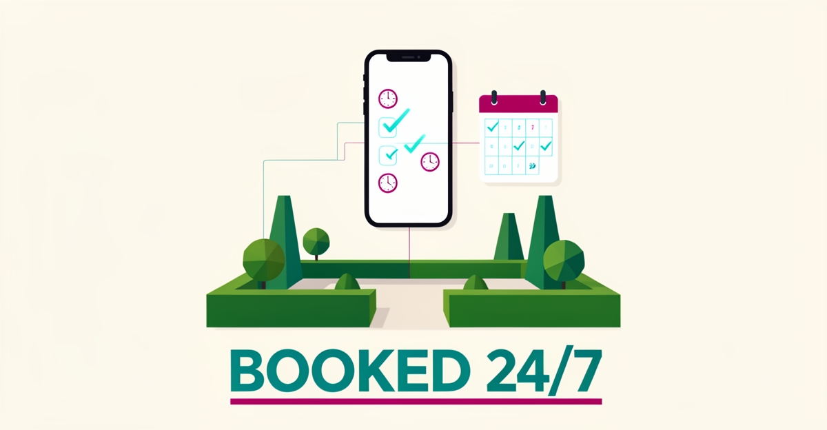 Flat illustration of a smartphone automating garden maintenance scheduling over a stylized garden with calendar icons, accented in teal and magenta.
