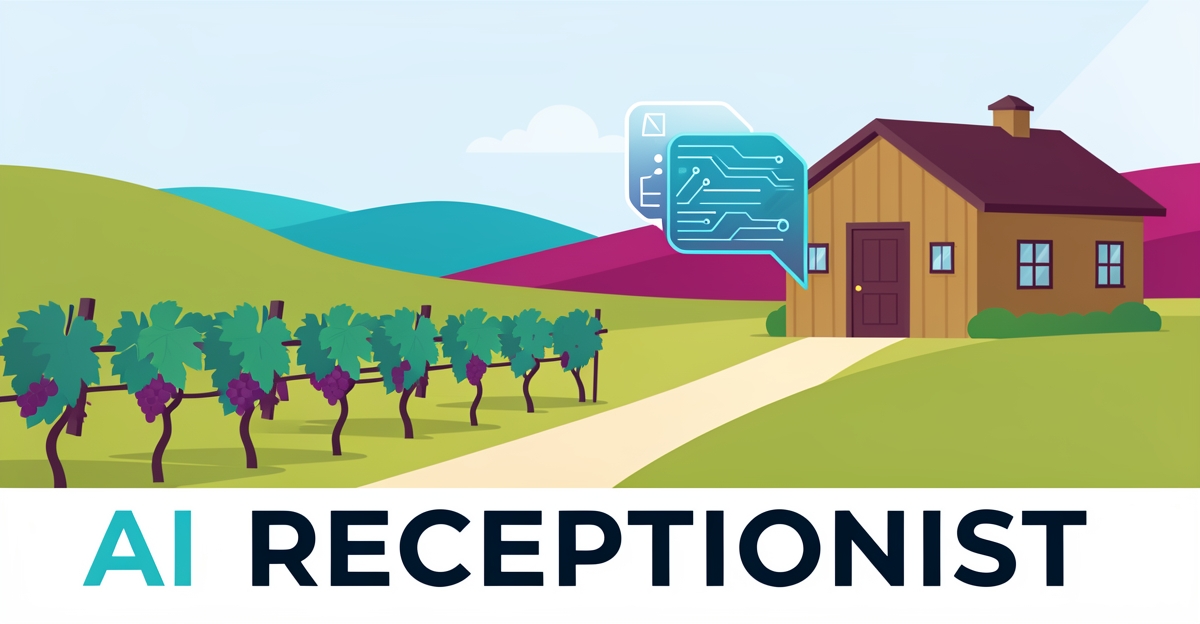 A clean flat illustration of a Halifax vineyard with AI-assisted booking interface, featuring brand colors and the headline 'AI Receptionist' in the lower third.