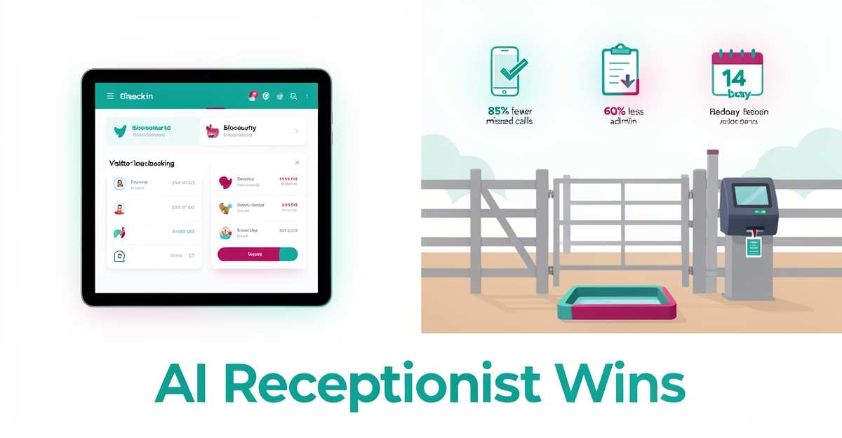 Flat illustration of AI receptionist kiosk automating poultry farm visitor check-in with biosecurity screening and booking calendar.
