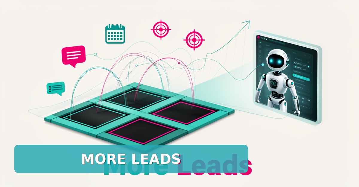Flat illustration of a trampoline park with AI chat and booking icons flowing toward a robot assistant, headlined More Leads.