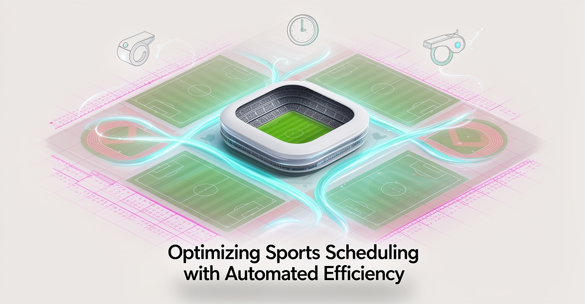 Flat illustration of a stadium with glowing AI-optimized scheduling routes in teal and magenta, with headline Game Day, Optimized.