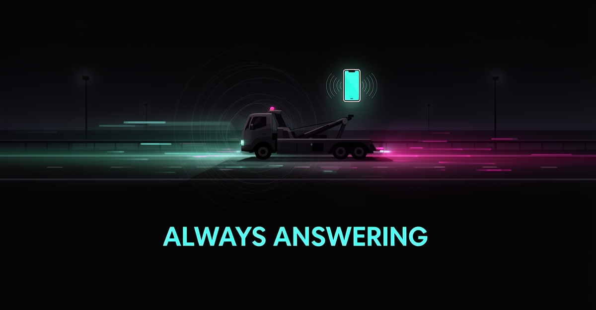 Flat illustration of a nighttime roadside assistance scene with glowing AI soundwave rings and the headline Always Answering.