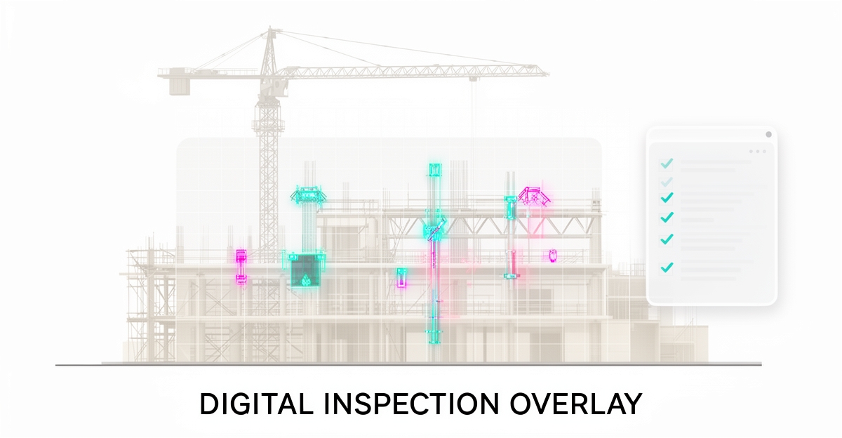 Flat illustration of a construction site with teal and magenta AI scanning overlays flagging hazards, titled AI-Powered Safety.