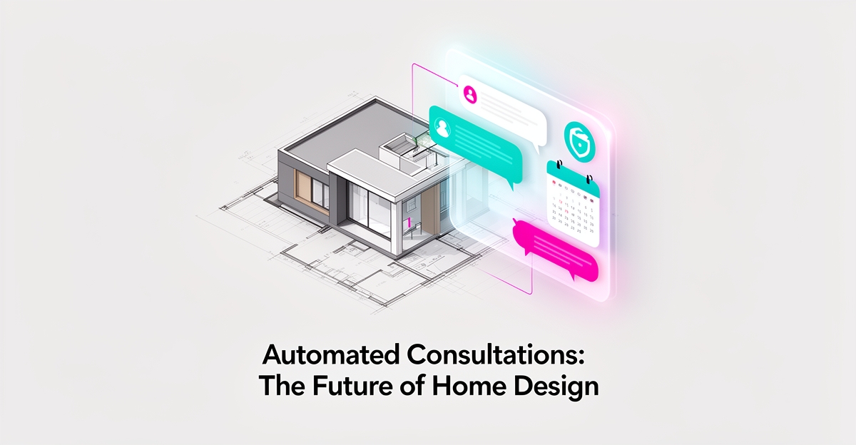 Flat illustration of a modern home blueprint merging with chat bubbles and a calendar icon in teal and magenta, representing AI-powered consultation automation.