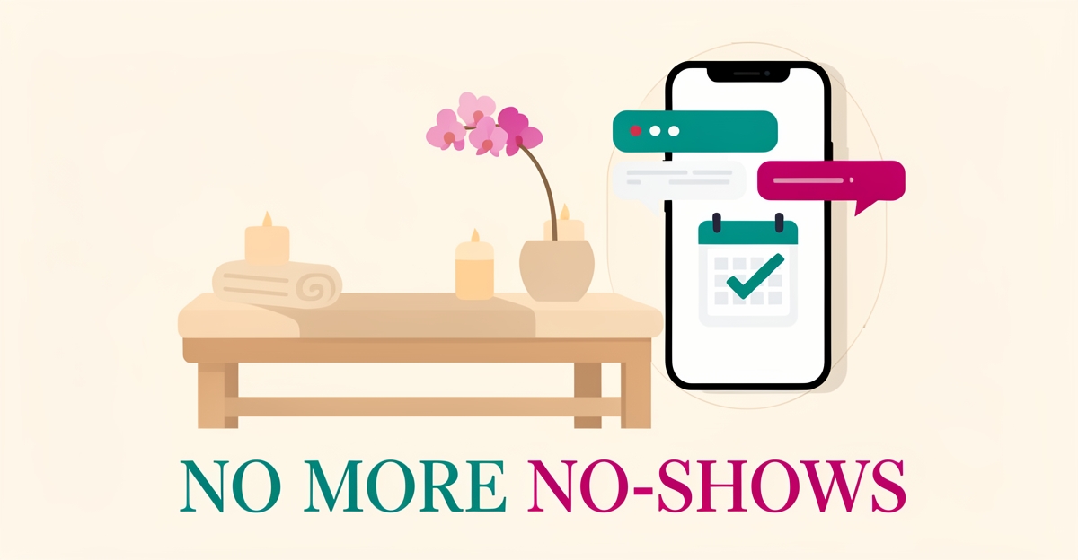 Flat illustration of a serene spa room beside a smartphone with reminder notifications, headlined No More No-Shows.