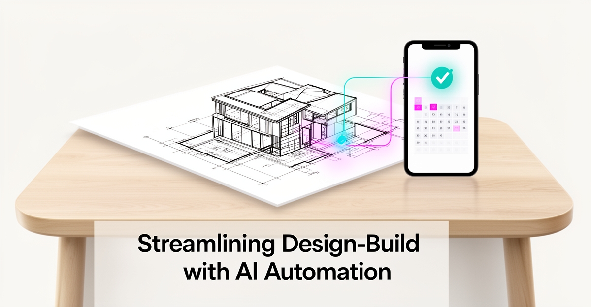 Flat illustration of a smartphone scheduling a site visit beside an architectural blueprint, with teal and magenta accents and a headline about automating site visits.