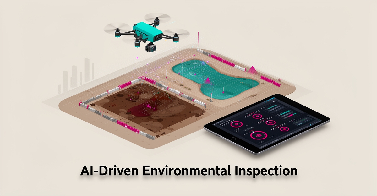 Flat illustration of a drone scanning a remediation site with AI data overlays, accented in teal and magenta, with headline reading AI-Powered Inspections.
