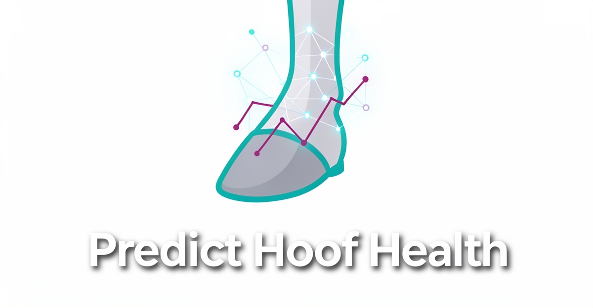 A minimalist flat illustration of a horse hoof with AI data overlays showing trend lines and neural nodes, branded in teal and magenta, with the headline 'Predict Hoof Health' in the lower third.