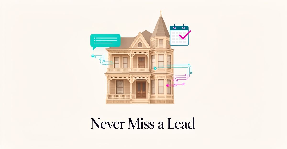 Flat illustration of a historic Victorian home with AI automation icons in teal and magenta, headlined Never Miss a Lead.