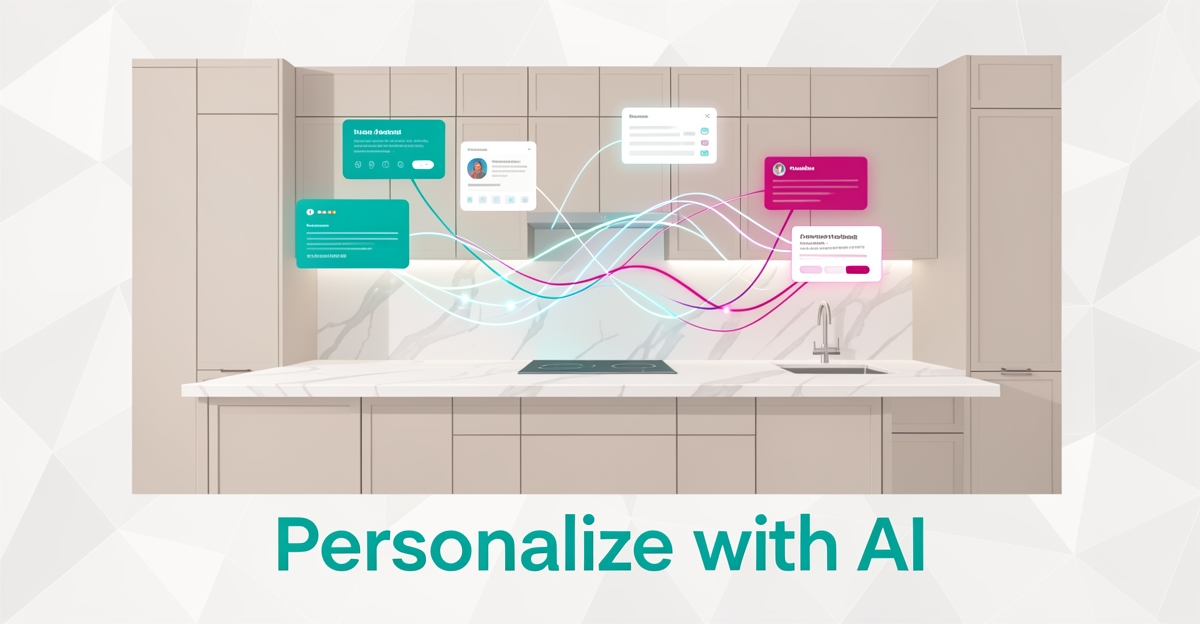 Flat illustration of a modern kitchen with AI digital elements in teal and magenta personalizing marketing content.