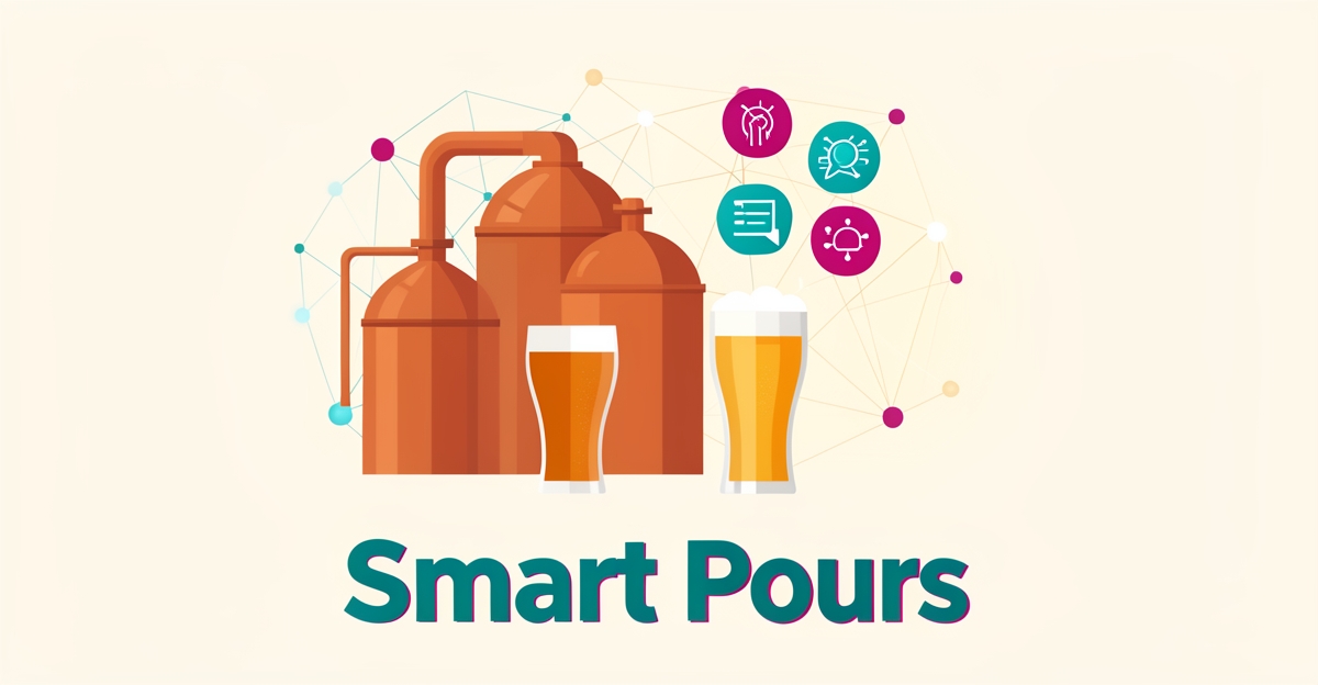 Flat illustration of brewery tanks and beer glasses connected to glowing AI data nodes in teal and magenta.