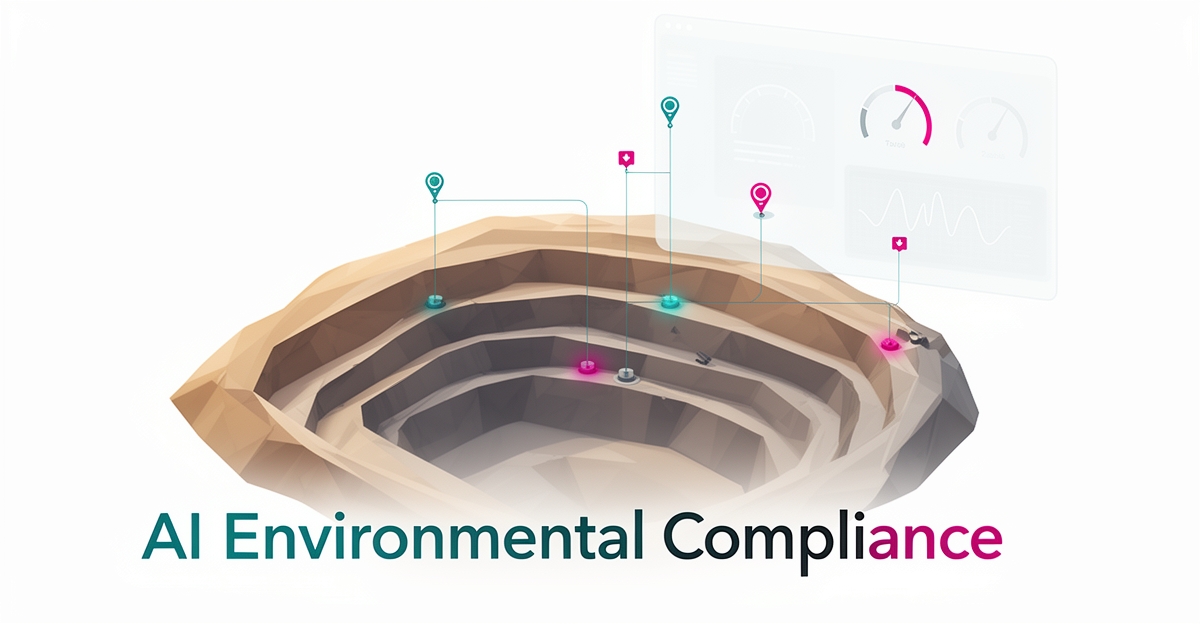 Flat illustration of a quarry site with teal AI sensor networks and dashboard monitoring flagged compliance alerts in magenta accents.