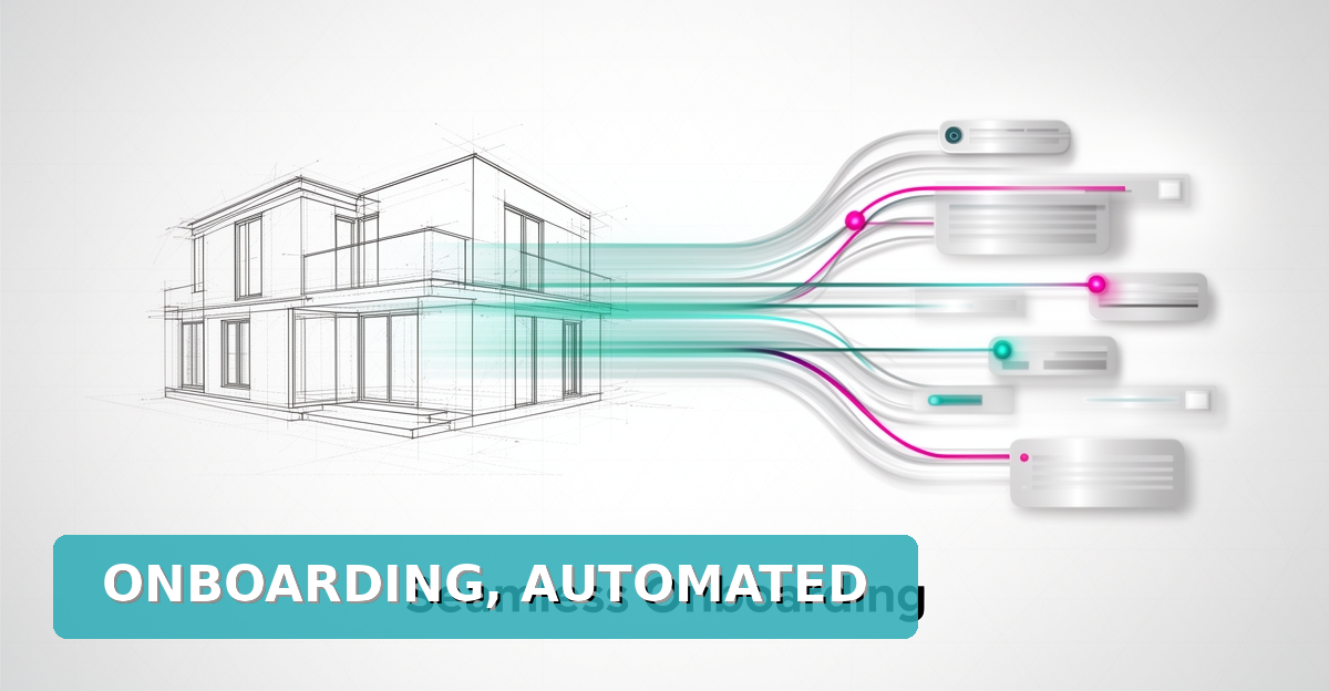 Flat illustration of an architectural blueprint transforming into digital data streams, with headline reading Onboarding, Automated.