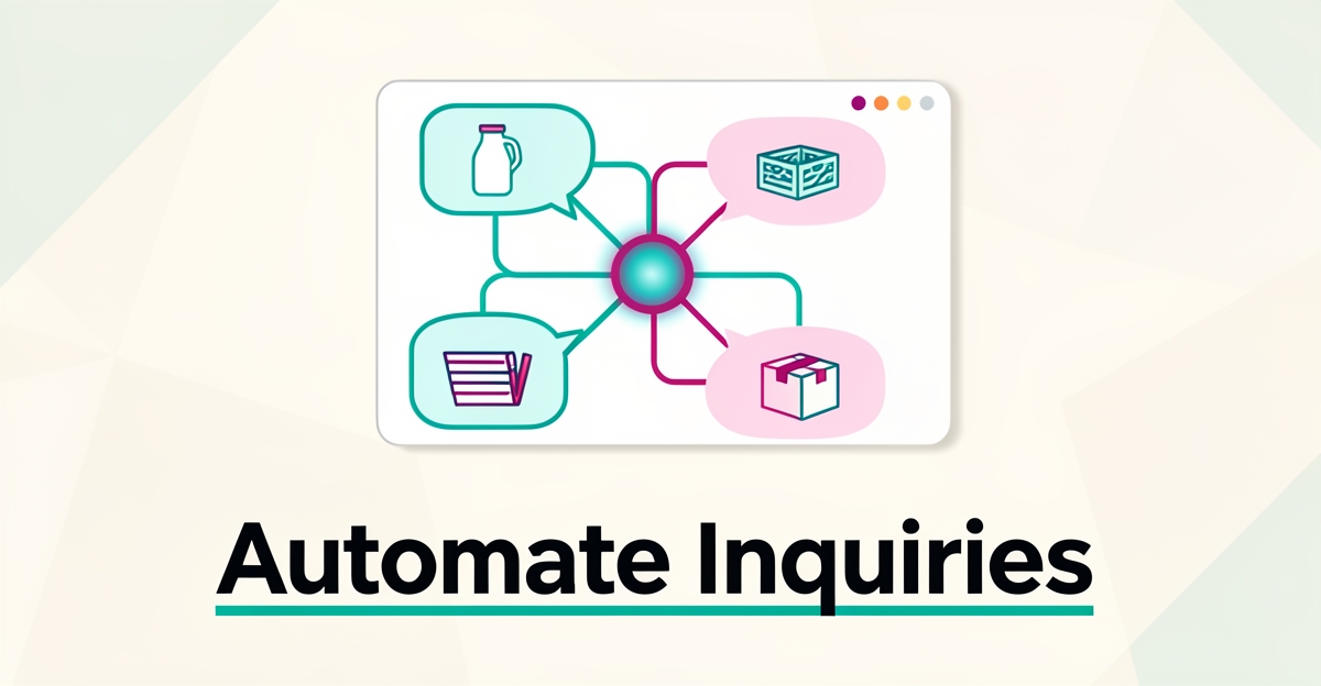 Flat illustration of a chat interface routing restaurant supply inquiries into an AI chatbot core, with teal and magenta accents.