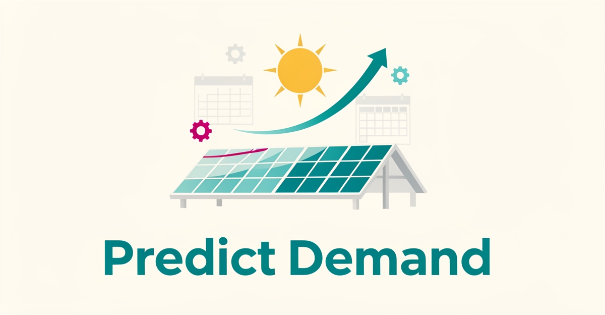 Flat illustration of solar panels with a predictive data curve and scheduling icons, headlined Predict Demand for AI-driven workforce planning.
