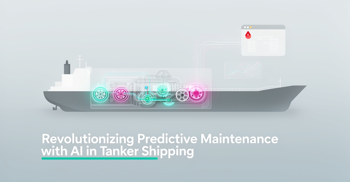 Flat illustration of a tanker with AI-driven diagnostic highlights and predictive data streams, symbolizing early equipment failure detection, with headline reading Predict. Prevent. Perform.