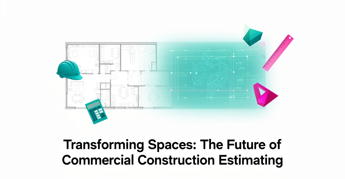 Flat illustration of a commercial floor plan merging with AI-powered digital estimating tools in teal and magenta, with the headline Estimate Smarter.