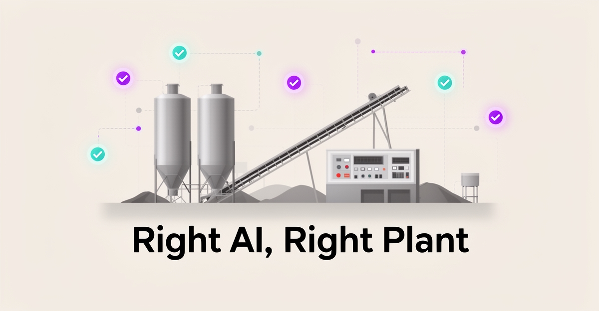 Flat illustration of an asphalt plant with AI data overlays and a headline about choosing the right AI employee.