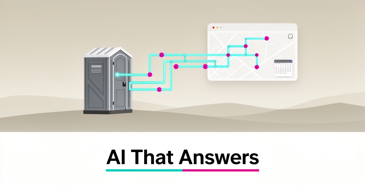 Flat illustration of AI-optimized routing connecting a portable toilet unit to a dispatch dashboard in teal and magenta.