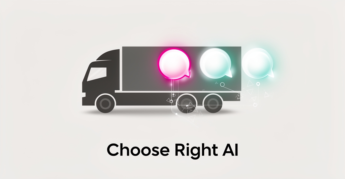 Flat illustration of a semi-truck with three AI assistant icons, one highlighted, symbolizing choosing the right AI employee for a dealership.