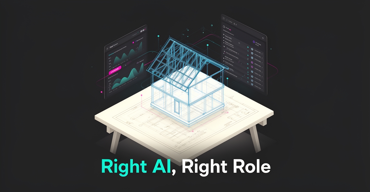 Flat illustration of an AI dashboard streamlining a custom home construction blueprint with teal and magenta accents.