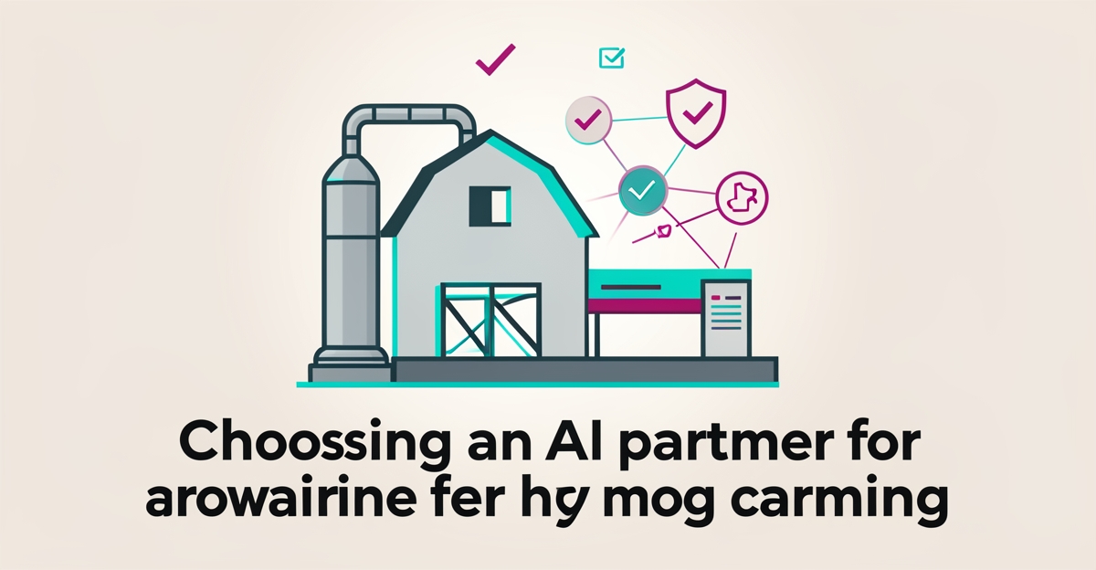 Flat illustration of a modern hog farm with AI integration icons and security symbols highlighting checklist for choosing an AI partner.