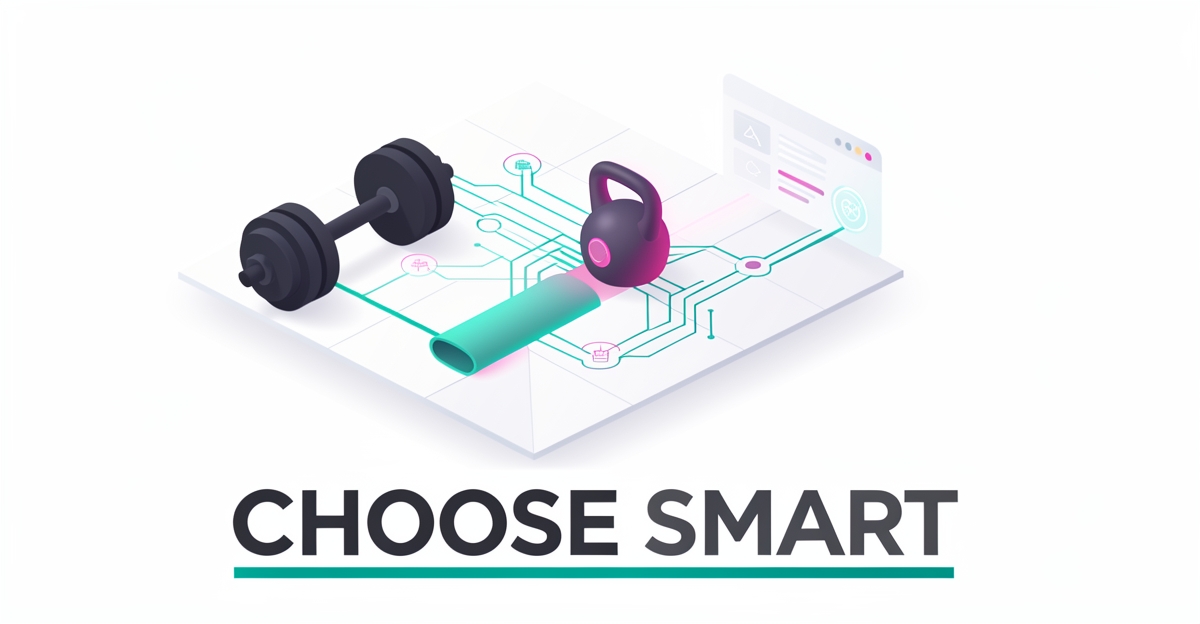 Flat illustration of fitness equipment connected by teal and magenta AI network lines with the headline Choose Smart.