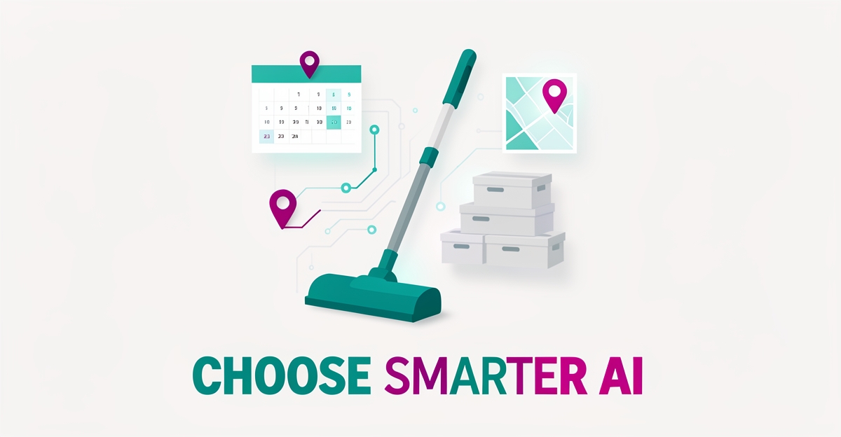 Flat illustration of a cleaning tool surrounded by AI routing, scheduling, and inventory graphics with headline Choose Smarter AI.