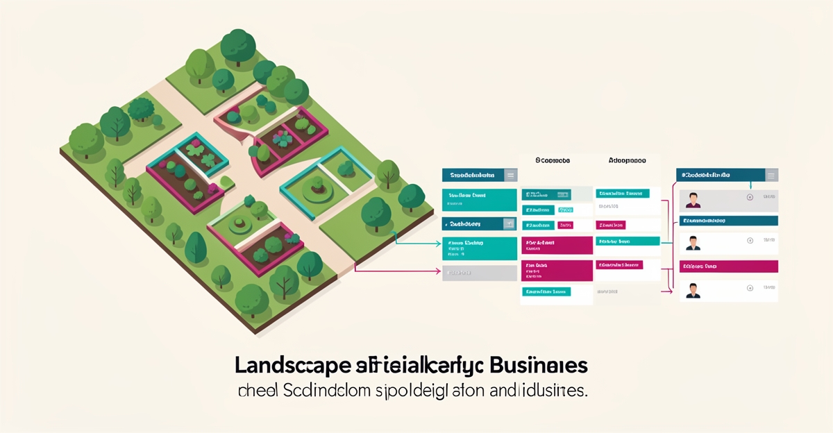 Flat illustration of a landscape design plan merging into an AI-powered project timeline with teal and magenta accents, headline reading Scale Smarter.