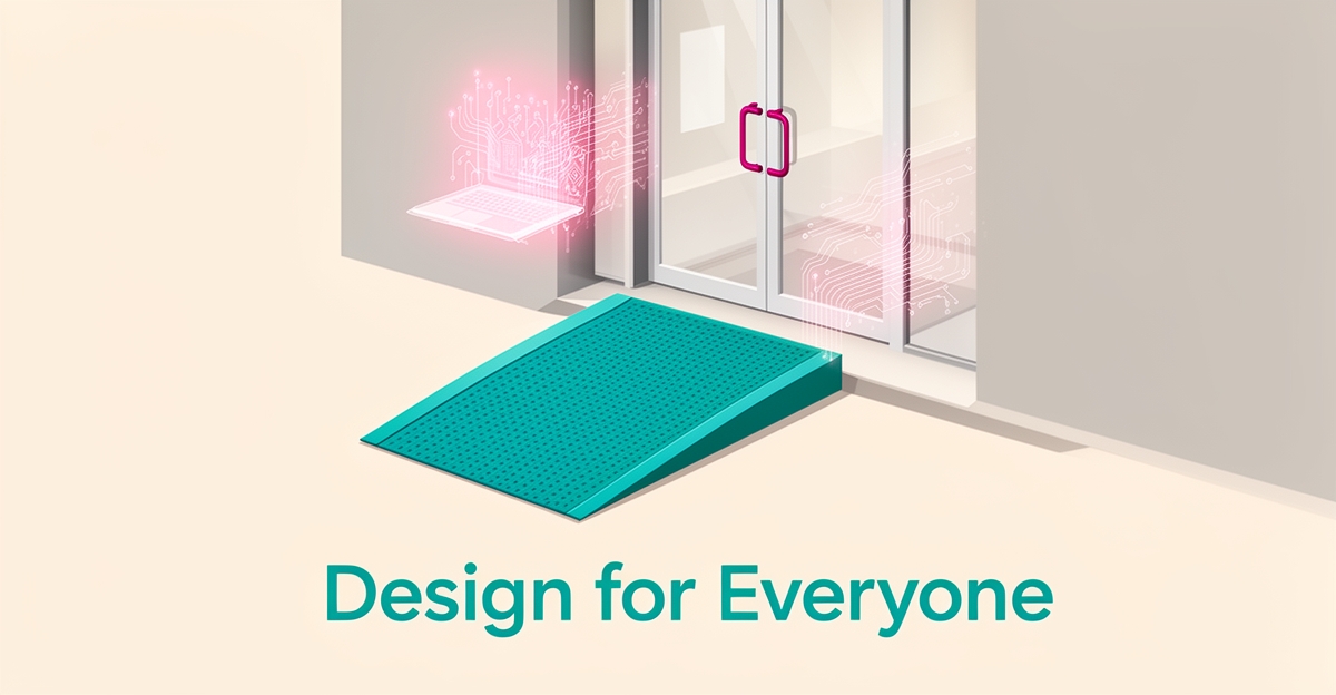 Flat illustration of an accessible small business storefront with teal and magenta AI circuit accents and the headline Design for Everyone.