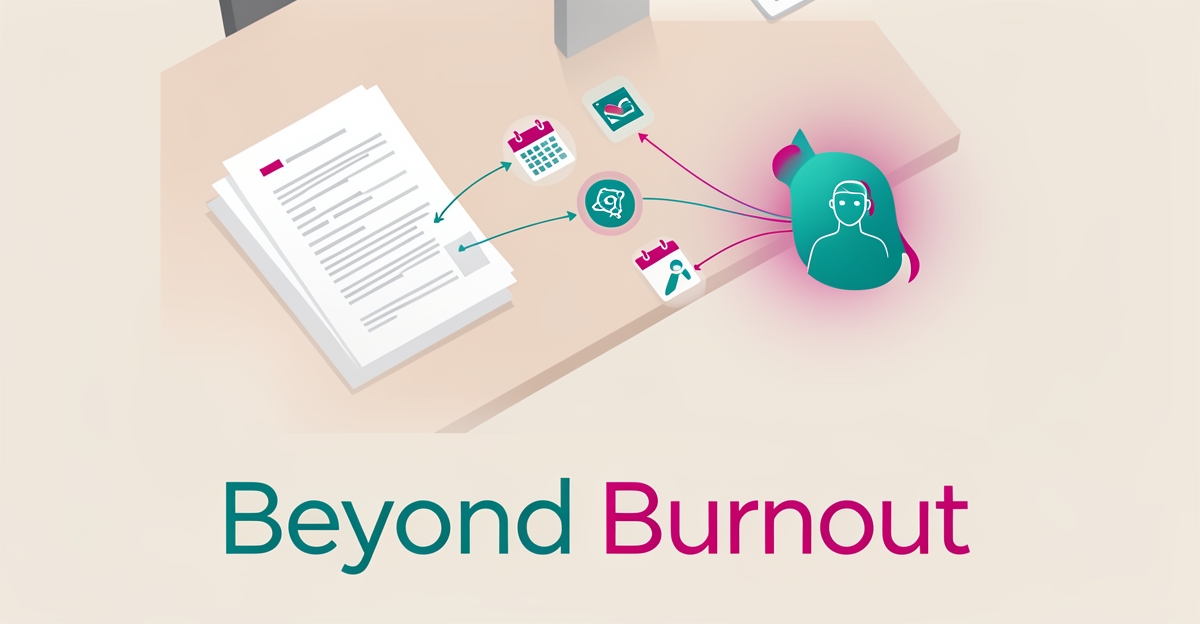Flat illustration of paperwork flowing into an AI workflow node with teal and magenta accents, headline reading Beyond Burnout.