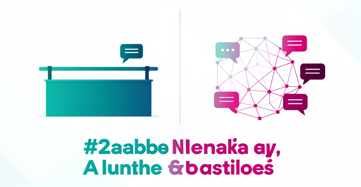 Flat illustration of a barre studio reception blending into an AI chat network in teal and magenta, with the headline Human Touch, Scaled.