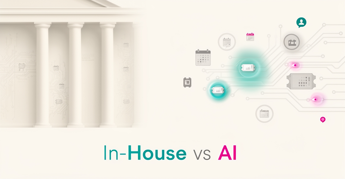 Flat illustration comparing a museum building with automated ticketing and reminder pathways, accented in teal and magenta.