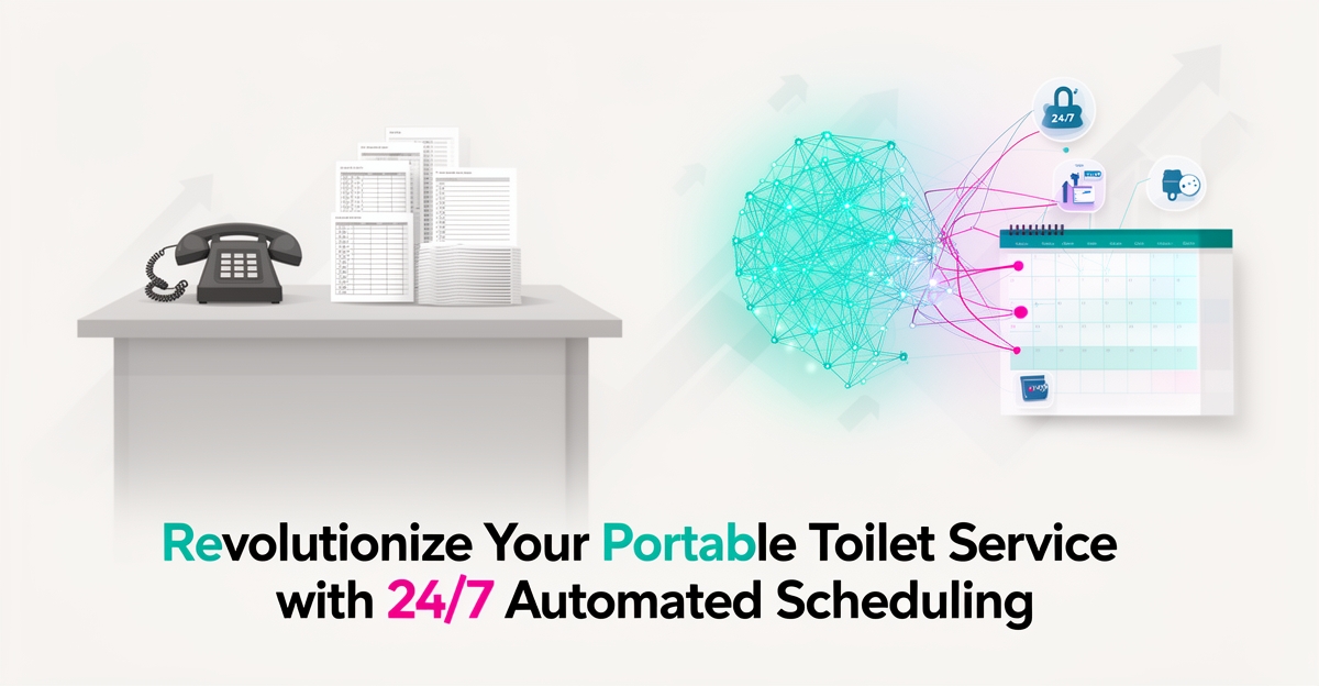 Flat illustration comparing manual phone scheduling with an AI network automating portable toilet bookings in teal and magenta.