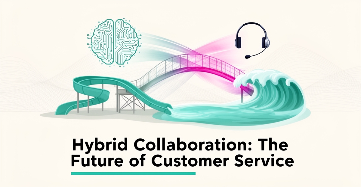 Flat illustration of a water park slide with AI and human service icons connected, symbolizing a hybrid guest service model.