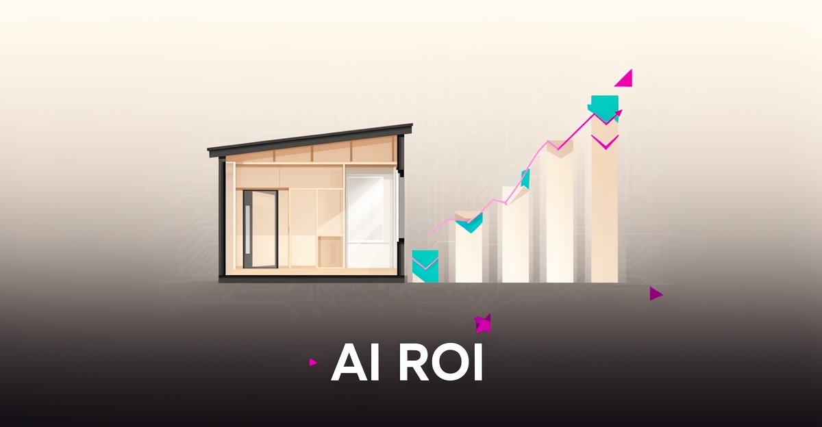 Flat illustration of a modern ADU beside rising teal and magenta ROI charts with the headline AI ROI.
