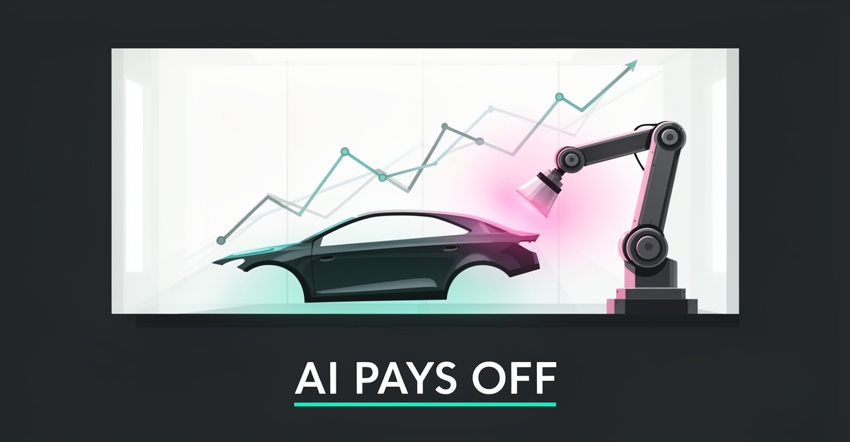Flat illustration of a robotic arm painting a car in an automated paint booth with teal and magenta accents and the headline AI Pays Off.