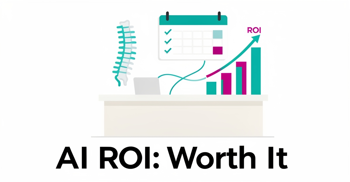 Flat illustration of a chiropractic clinic desk with spine icon, calendar, and rising ROI chart in teal and magenta accents.