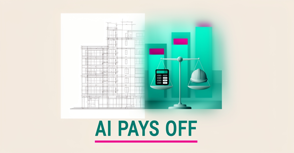 Flat illustration of a construction blueprint merging with digital data graphics in teal and magenta, with the headline AI Pays Off.