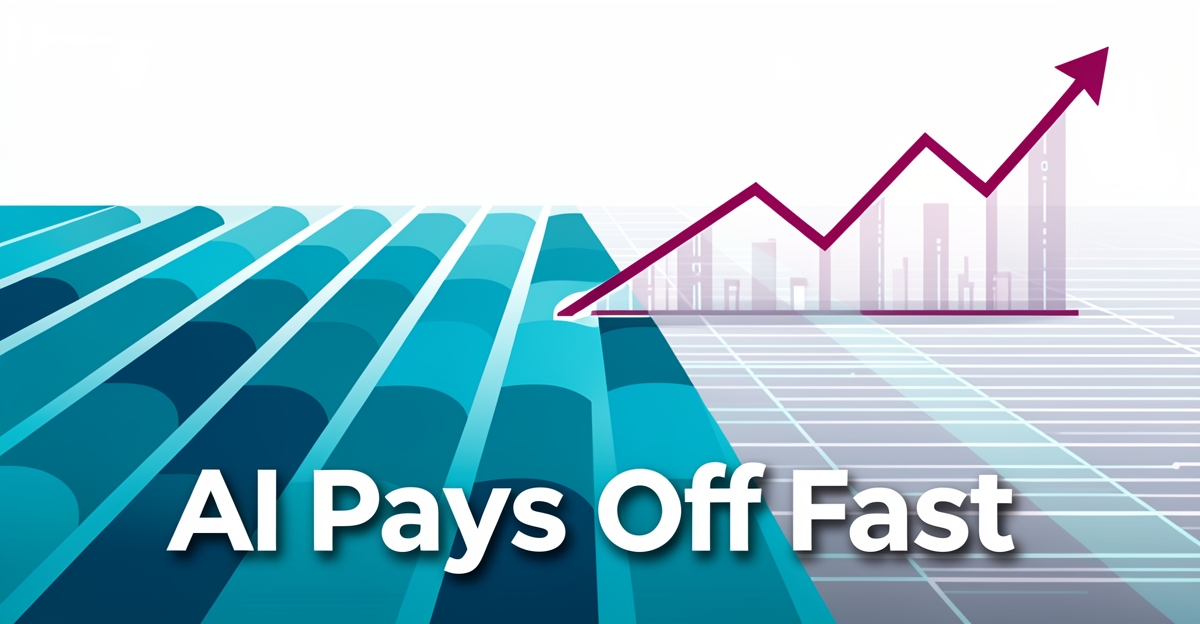 A minimalist flat illustration showing a crop field merging with digital data lines and growth symbols, symbolizing AI ROI in farming with brand-colored accents.