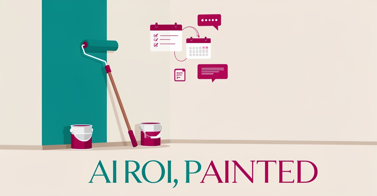 Flat illustration of an interior painting scene with AI automation icons in teal and magenta, headline 'AI ROI, Painted' in the lower third.