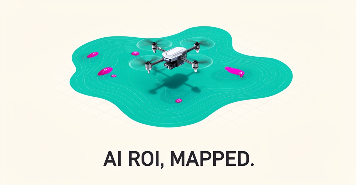 Flat illustration of a drone surveying a stylized terrain map with teal and magenta data points and the headline AI ROI, MAPPED.