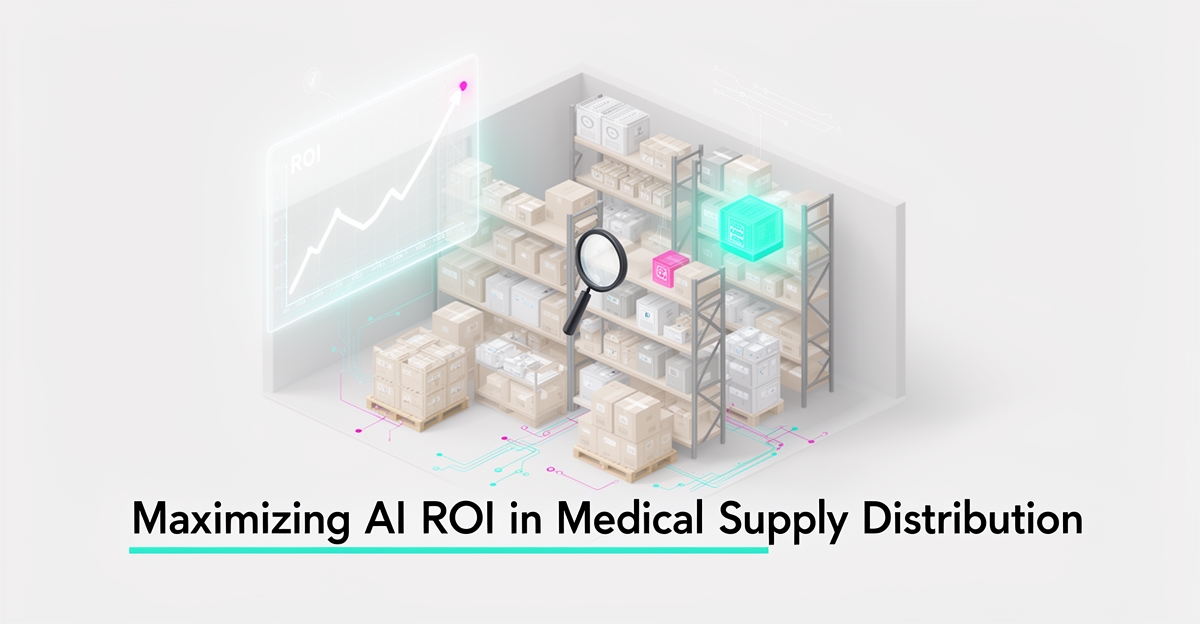 Flat illustration of a medical supply warehouse with AI-driven ROI charts analyzing inventory, accented in teal and magenta.
